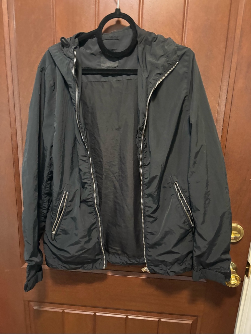 H&M Men's Black Hooded Windbreaker with Silver Zippers
